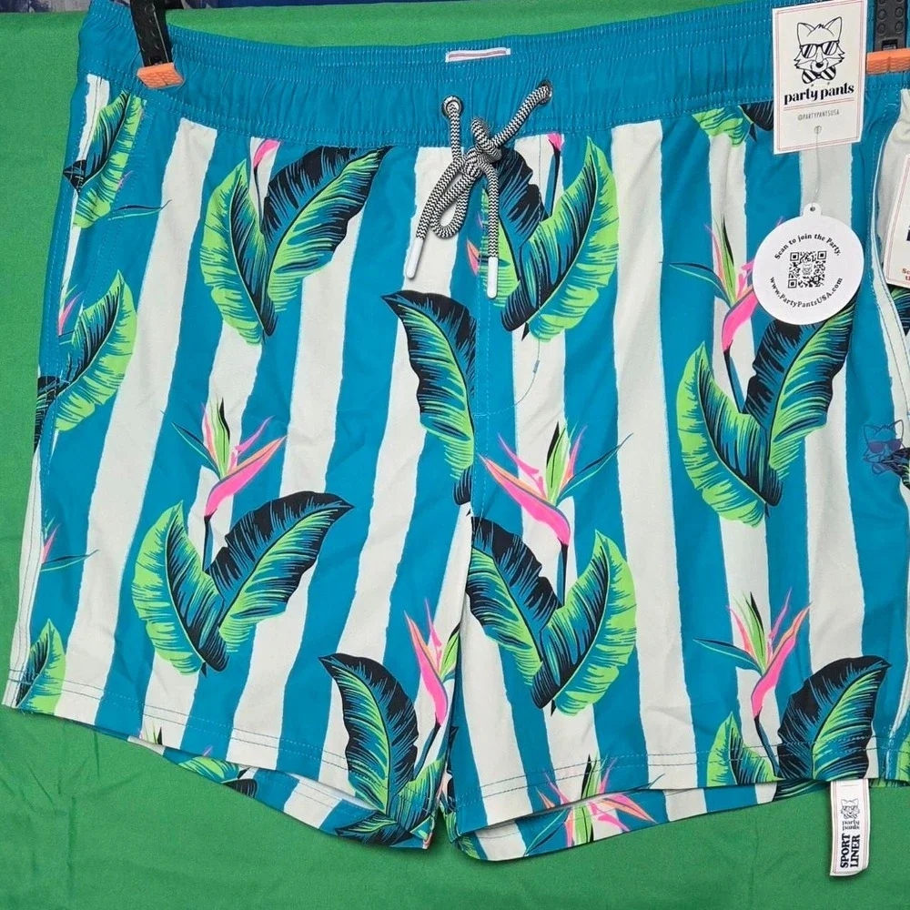 Tropical blue swim shorts with mesh liner. Party Pants XXL